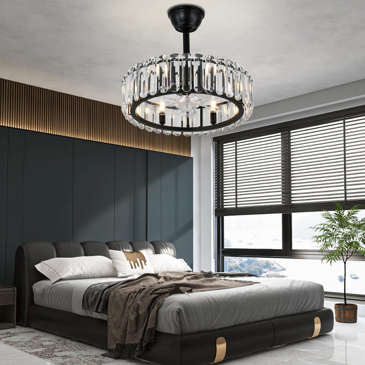 FRIXCHUR Crystal Caged Ceiling Fan with Lights and Remote 20.7 Inch Black Fandelier Semi Flush Mount 6 Speed Reversible Chandelier for Dining Bedroom Living Room Kitchen E12 x 6 Bulbs Not Included