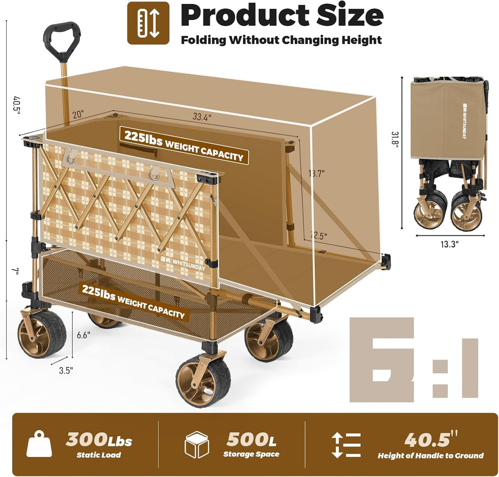 Whitsunday Double Decker Wagon, Heavy Duty Foldable Large Beach Wagon Cart with All-Terrain Big Wheels for Sports,Camping,Outdoor Yellow