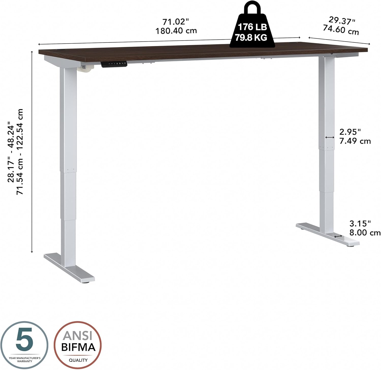Bush Business Furniture 72-inch Electric Height Adjustable Standing Desk, Ergonomic Sit-Stand Computer Table for Home and Professional Office, Move 40 Series, Black Walnut with Metallic Gray Base