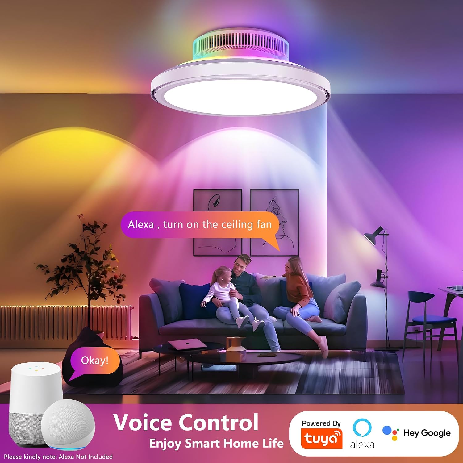 18' Bladeless Ceiling Fans, Low Profile Ceiling Fan with Light, Smart RGB Ceiling Light Fixture Support Alexa with Voice/Remote/APP Control, Modern led Ceiling Light Flush Mount, White