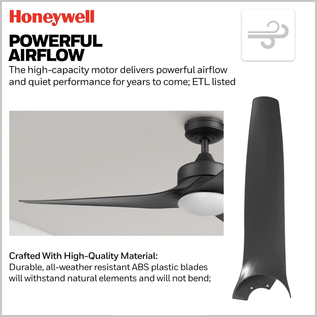 Honeywell Ceiling Fans Lynton, 52 Inch Indoor Outdoor Ceiling Fan with Color Changing LED Light, Remote Control, Matte Black High Performance Blades, Reversible Airflow - 51854-01 (Black)