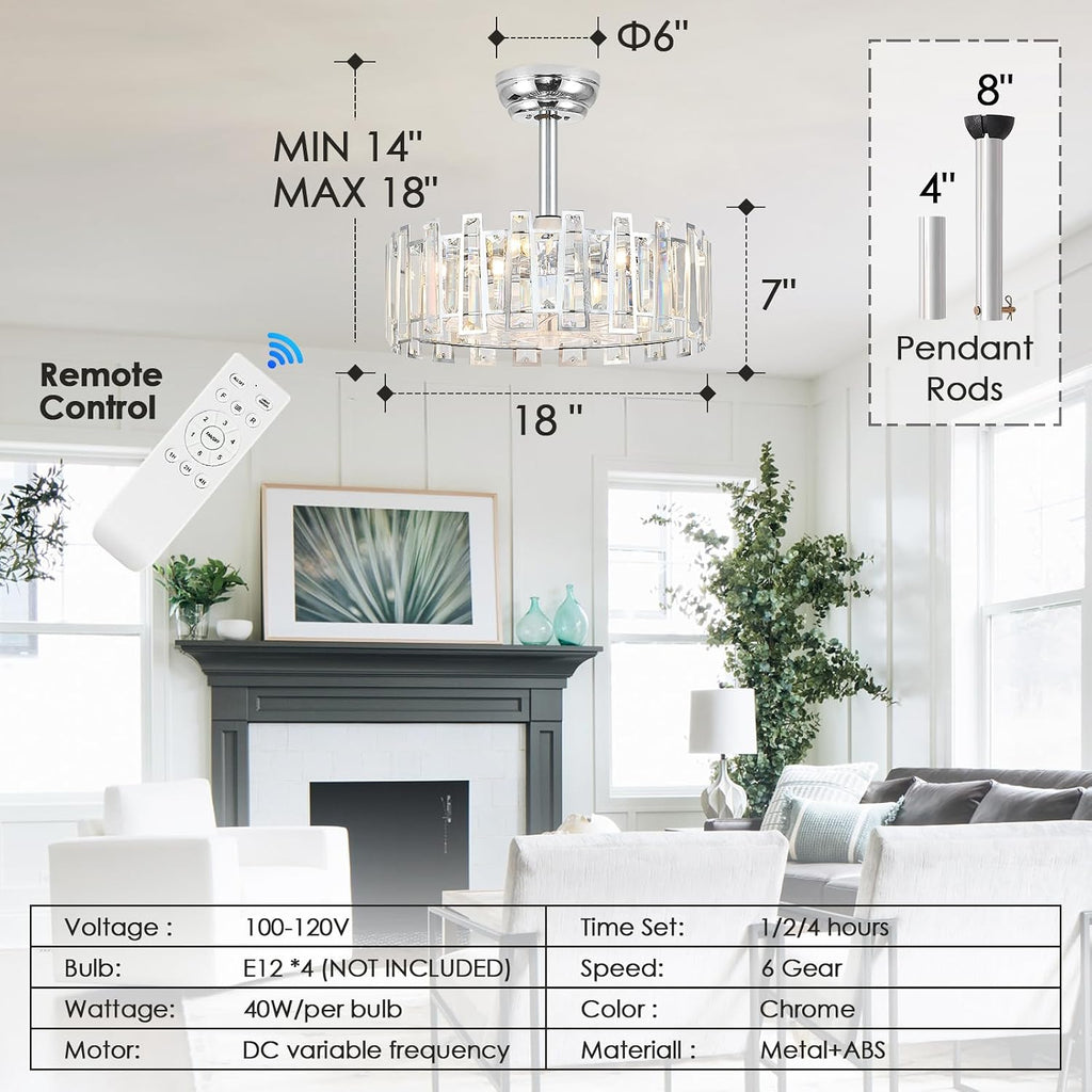 Modern Chrome Caged Ceiling Fan with Light for Bedroom Crystal Ceiling Light Fixture with Fan Bladeless Crystal Chandelier with Fan 18' Fandelier for Kitchen Hallway Dining Room