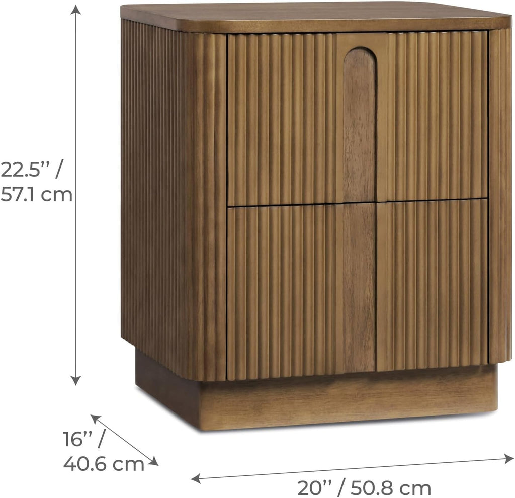 Teamson Home 20'' W Modern Storage 2-Drawer Push to Open Nightstand with Solid Wood Frame, Bedside Table Bedroom Furniture with Reeding Pattern in Scandinavian Style, Greige