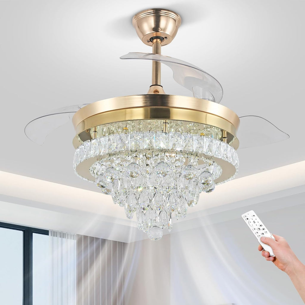 Finktonglan 42' Crystal Gold Flush Mount Ceiling Fan with Light, Retractable Blades Fandelier, Dimmable 60W LED, Remote & App Control, Quiet Reversible Motor, 6 Speeds for Bedroom/Living Room