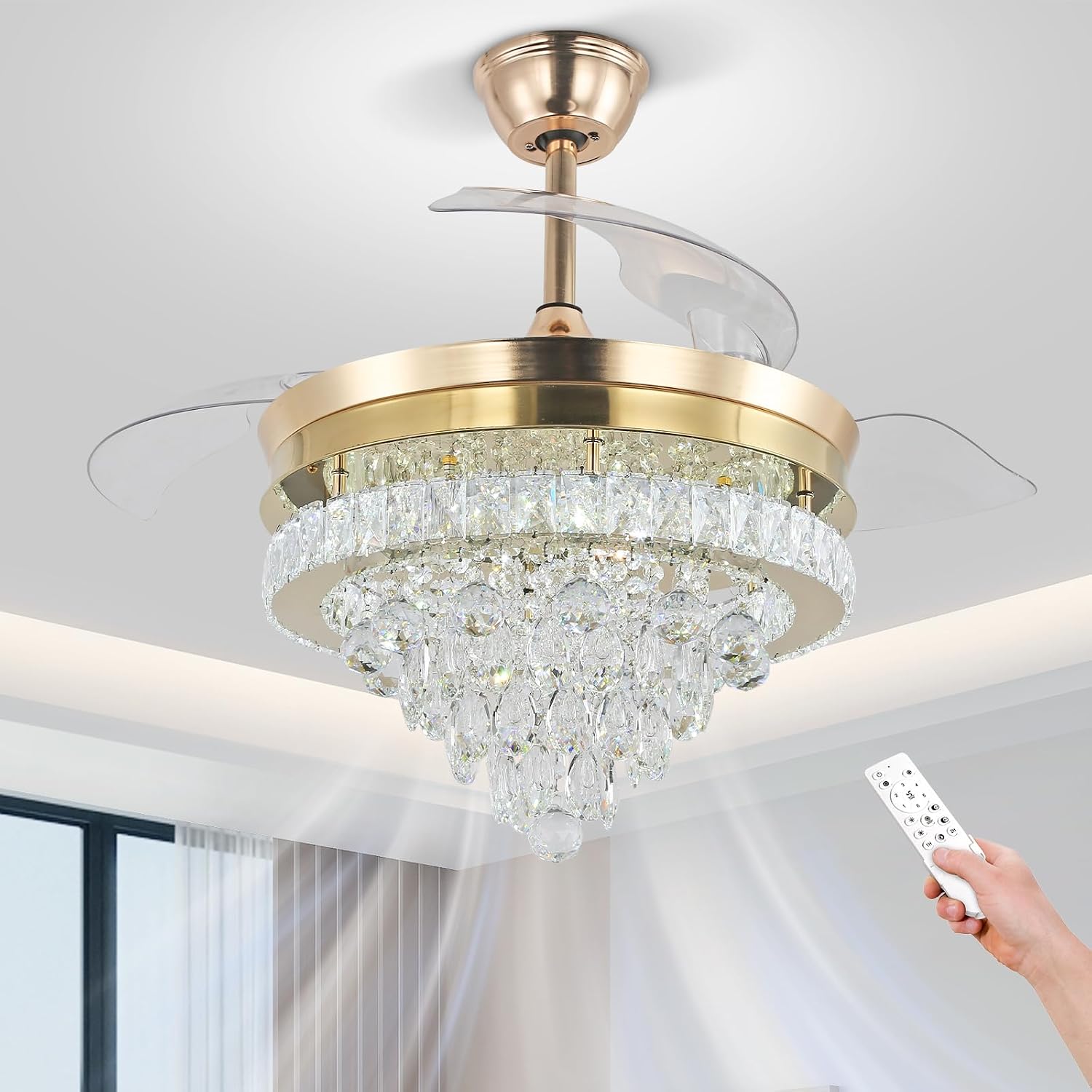 Finktonglan 42' Crystal Gold Flush Mount Ceiling Fan with Light, Retractable Blades Fandelier, Dimmable 60W LED, Remote & App Control, Quiet Reversible Motor, 6 Speeds for Bedroom/Living Room