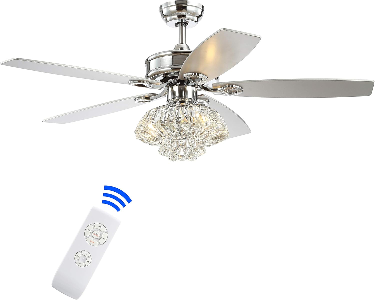JONATHAN Y 48' Chrome 3-Light Iron and Crystal Ceiling Fan, Glam Drum Chandelier with Remote Control, 5 Reversible Silver/White Maple Blades, ETL Listed, LED Bulbs Included JYL9608A
