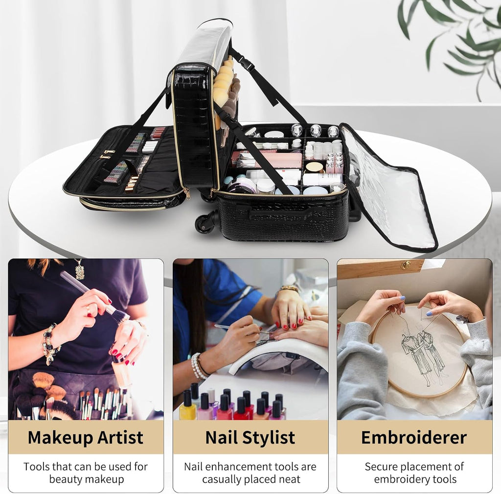 OCHEAL Rolling Makeup Train Case, 18' Carry On Travel Cosmetic Organizer Suitcase,Extra Large Trolley Makeup Storage Case On Wheels,3 Layers with 3pcs Traveling Bags for Hairstylist Cosmetology Artist