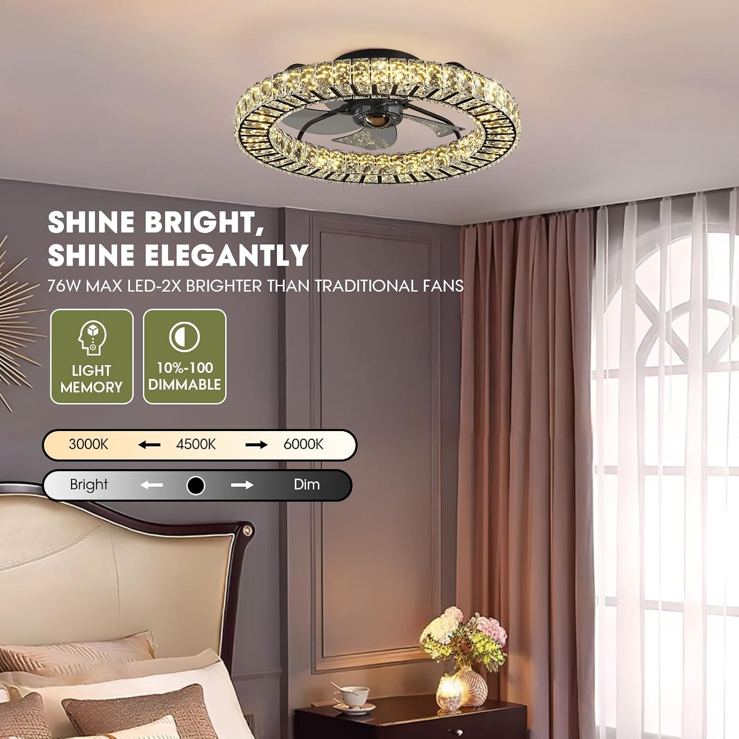 LUDOMIDE Flush Mount Ceiling Fan with Light, 22' Modern Crystal Chandelier Ceiling Fan with Smart 4-Light Color Change, Dimmable LED Ceiling Fan, 6 Wind Speeds, Low Profile Ceiling Fan for Bedroom