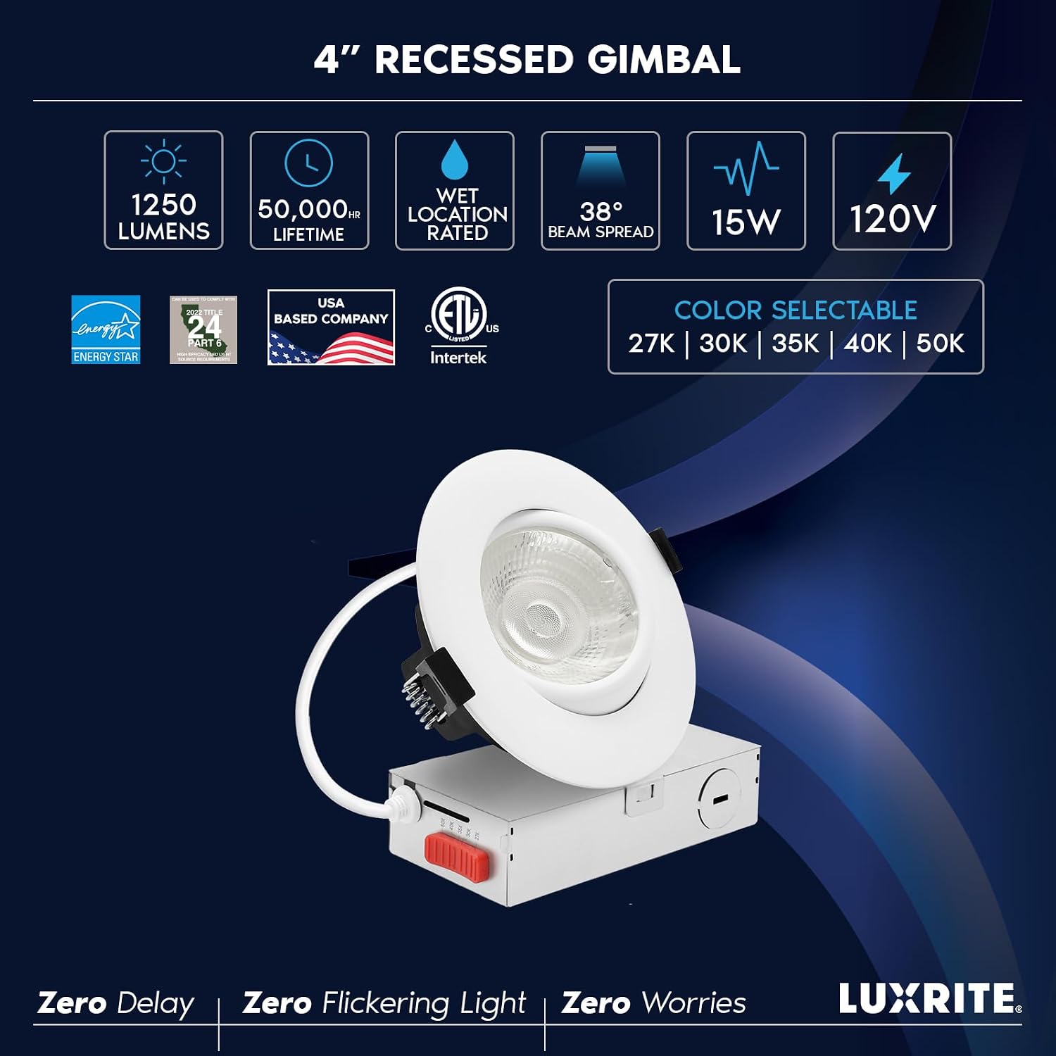 LUXRITE 4-Inch Gimbal LED Recessed Lighting, 5 Color Selectable 2700K-5000K, 15 Watts, 1250 Lumens, Adjustable 360º + 30º Swivel Spotlight, Dimmable, CRI90, IC & Wet Rated, ETL, White (12 Pack)