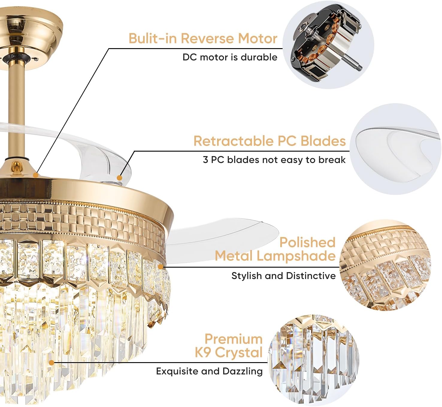 42' Fandelier Ceiling Fan with Light, Chandelier Ceiling Fans with Lights,Retractable Crystal Ceiling Fan for Bedroom Living Room,6 Wind Speed,3 Color Tempeature-Gold