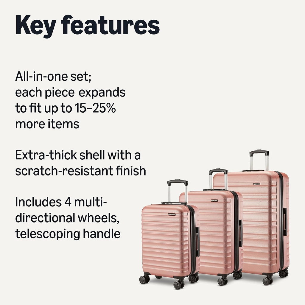 Amazon Basics 3-Piece Hardshell Suitcases Set (21', 26', 30'), Expandable For Up to 25% More Space, With Scratch-Resistant Finish, Four Multi-Directional Wheels, Rose Gold