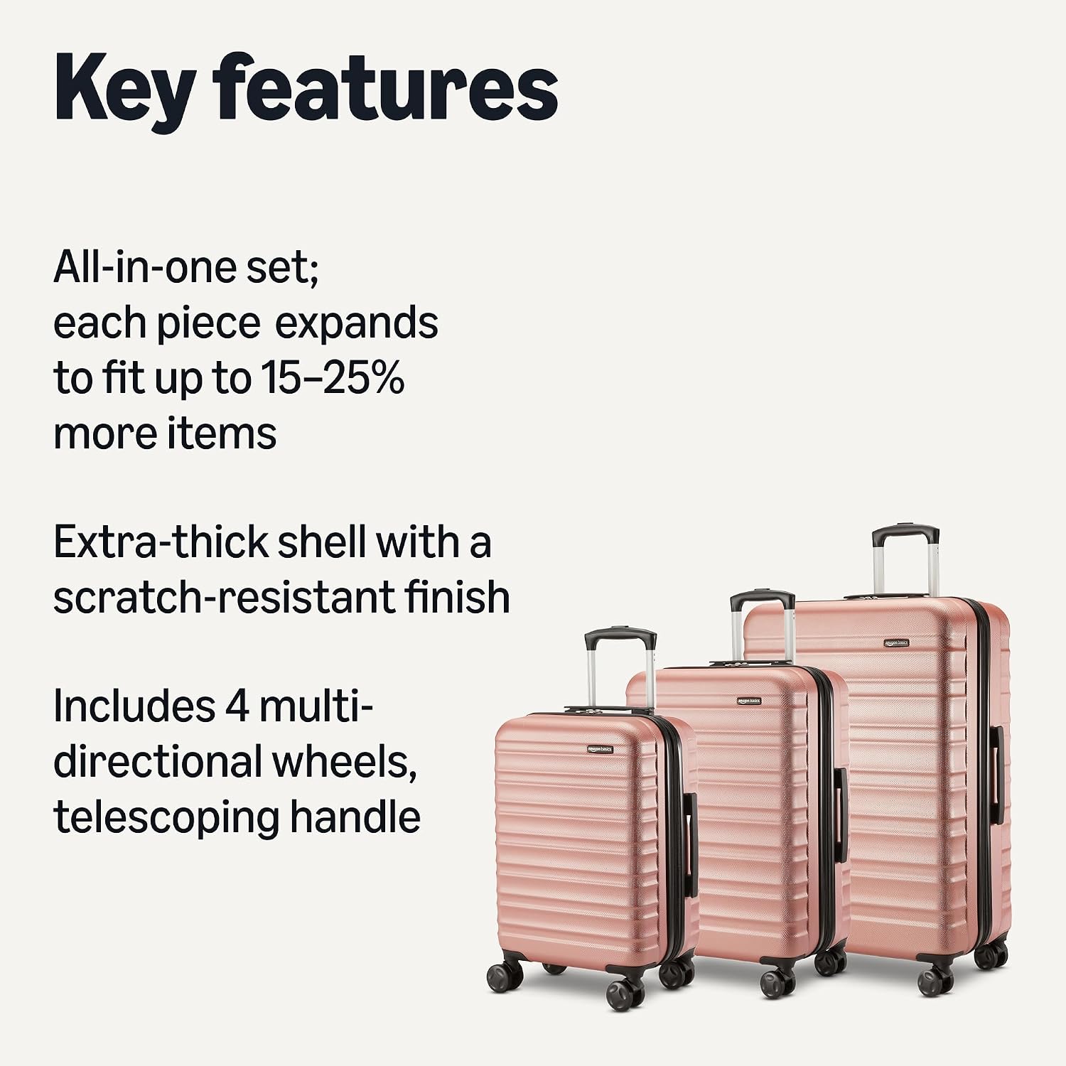Amazon Basics 3-Piece Hardshell Suitcases Set (21', 26', 30'), Expandable For Up to 25% More Space, With Scratch-Resistant Finish, Four Multi-Directional Wheels, Rose Gold