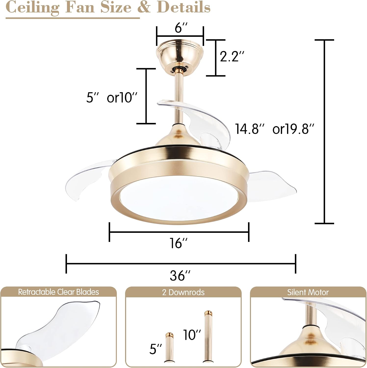 Bella Depot Retractable Ceiling Fan with Lights and Remote with 3 Color Change, Timing Options, Silent Noiseless for Dining Room Bedroom Kitchen (Gold, 36')
