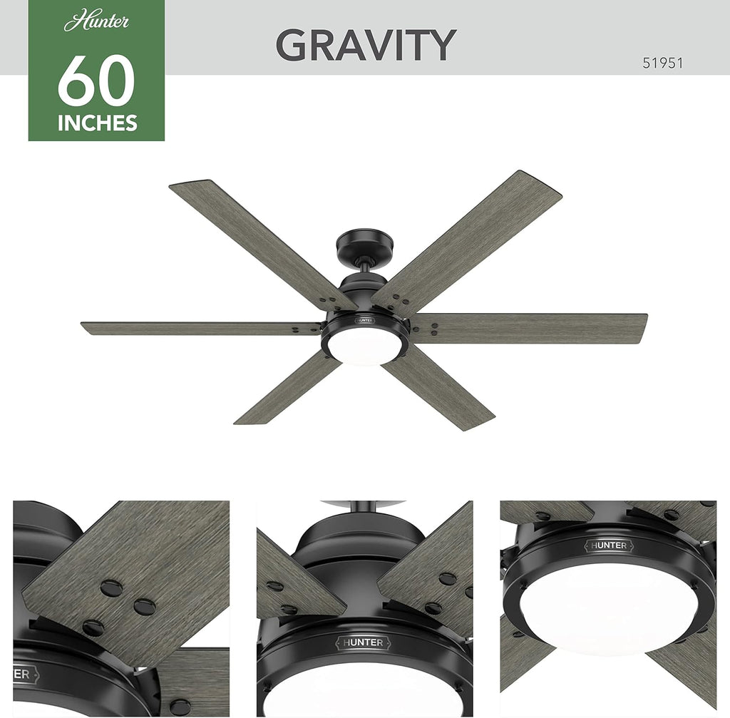 Hunter 60 inch Indoor Ceiling Fan with LED Light and Remote Control - Black Smart Ceiling Fan, Standard Mount, 6 Blades, For Bedroom or Living Room, Quiet - Gravity 51951, Matte Black