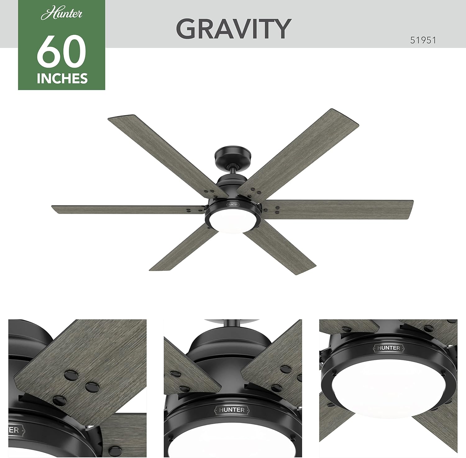 Hunter 60 inch Indoor Ceiling Fan with LED Light and Remote Control - Black Smart Ceiling Fan, Standard Mount, 6 Blades, For Bedroom or Living Room, Quiet - Gravity 51951, Matte Black
