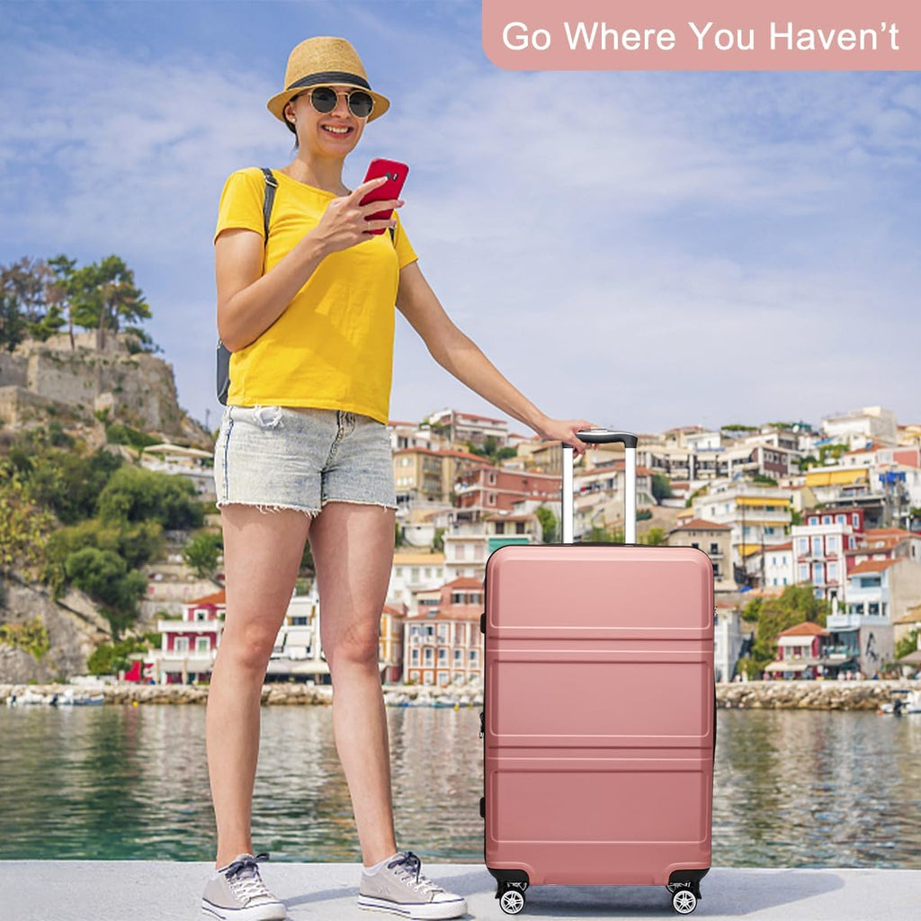 Kono 4 Piece Luggage Sets Expandable(only 28') with Spinner Wheels TSA Lock Lightweight PC+ABS Hardside Travel Rolling Suitcases 20in 24in 28in Carry on and 12in Mini Cosmetic Case Nude/Rose Pink