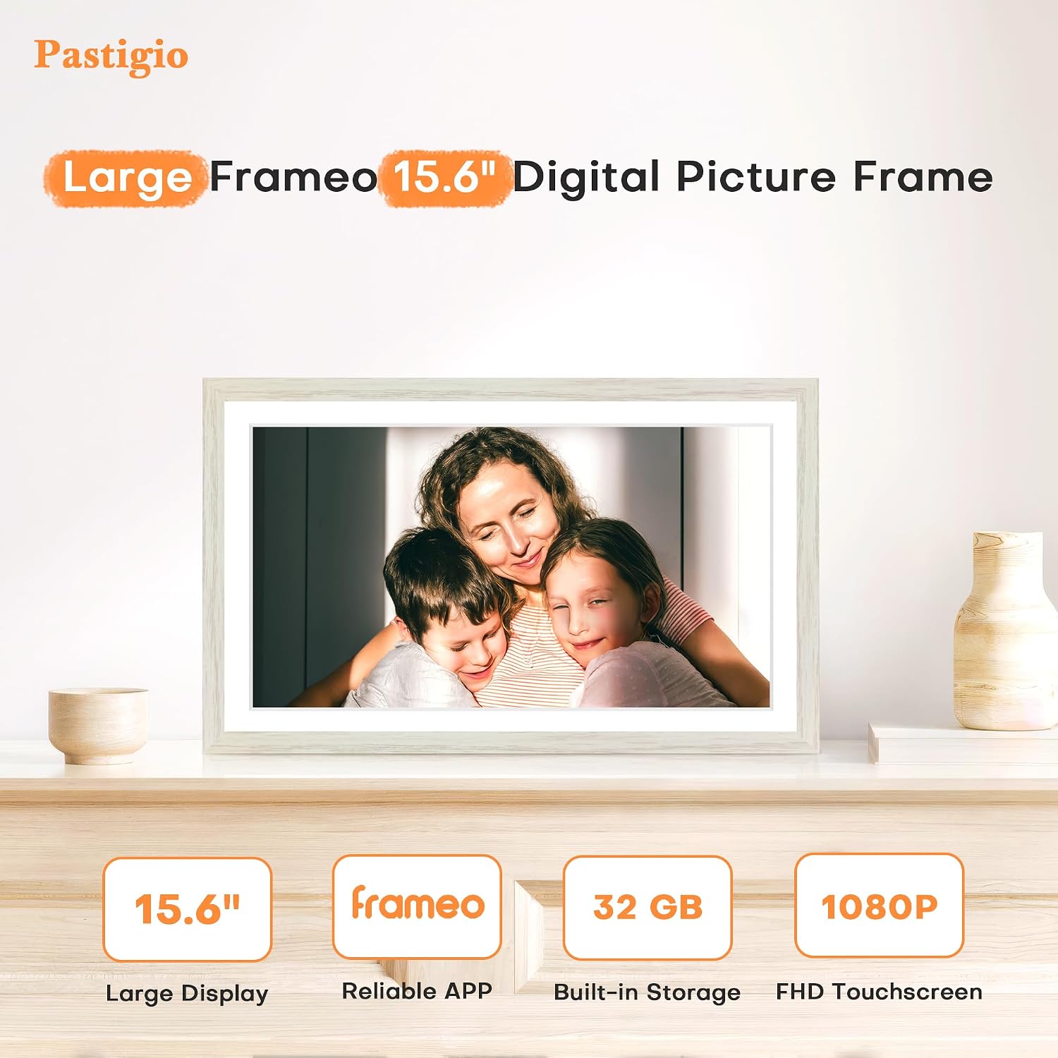 Digital Picture Frame, 15.6 Inch Frameo Digital Frame WiFi, 1920 * 1080 IPS FHD Touchscreen, 32GB, Tabletop&Wall-Mounted, Share Picture Video, Large Electric Photo Frame, Mom Gifts, White Woodgrain