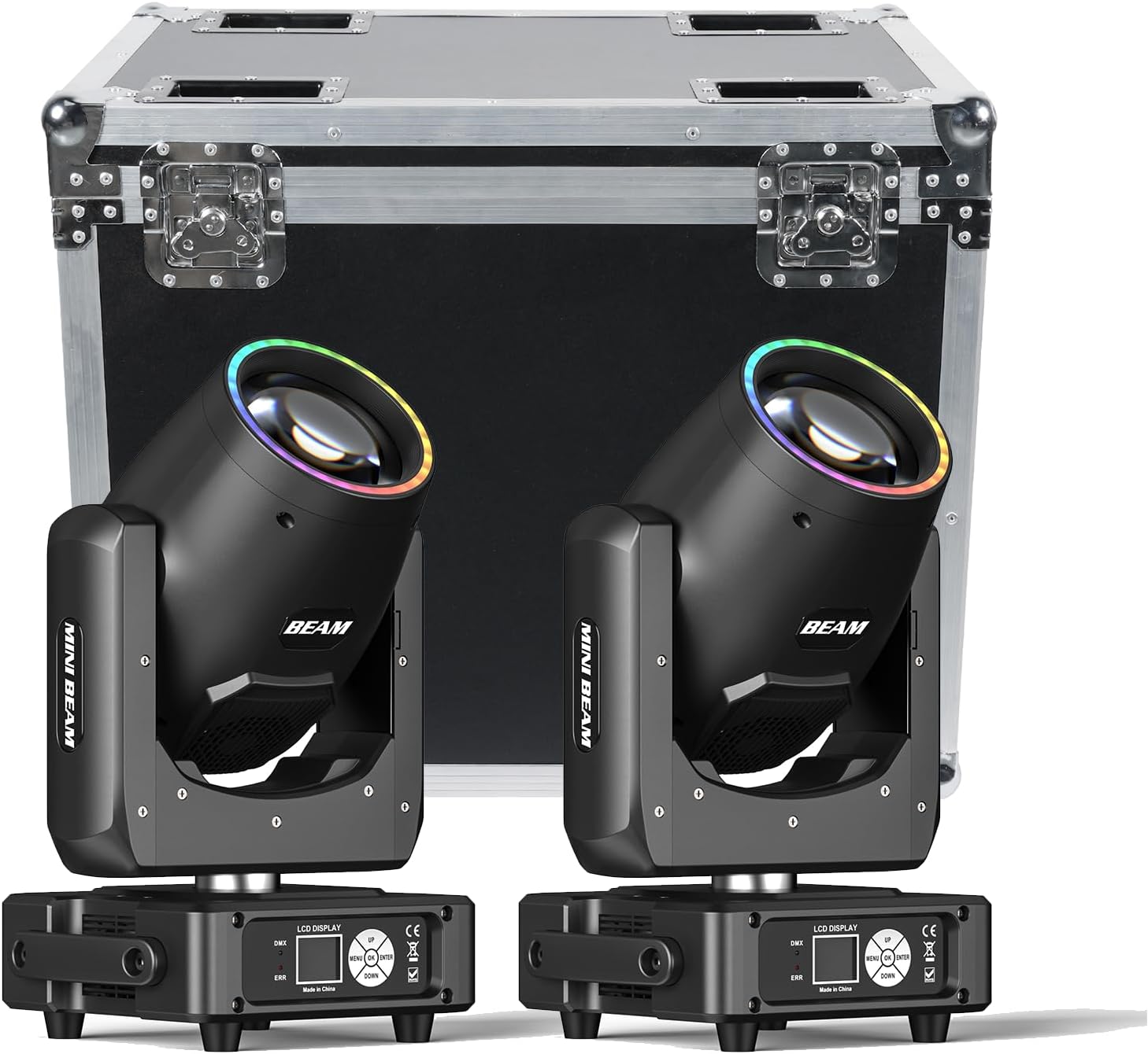 2Pack 230W 7R Beam Moving Head Lights with Flight Case 14Gobos 14 Colors Prisms/Wash/Beam/Frost/Rainbow Stage Effect Spotlights 48-Facet Prism 2.3° Beam Angle 18CH DMX512 Sound Activated Lights