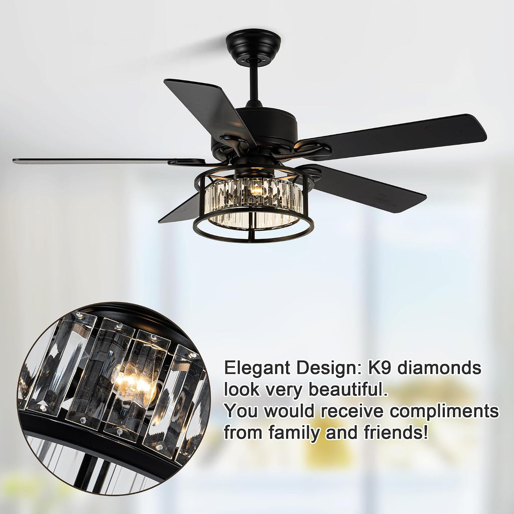 Dawn Whisper 52 Inch Chandelier Ceiling Fans with Lights and Remote Quiet and Reversible DC Motor Black Caged Modern Ceiling Fan for Bedroom Living Room