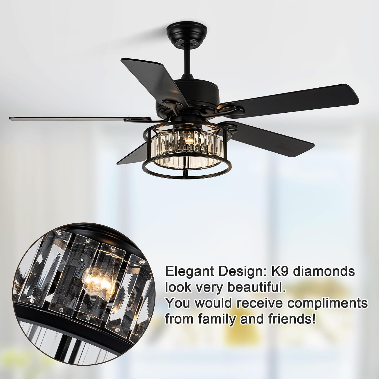 Dawn Whisper 52 Inch Chandelier Ceiling Fans with Lights and Remote Quiet and Reversible DC Motor Black Caged Modern Ceiling Fan for Bedroom Living Room
