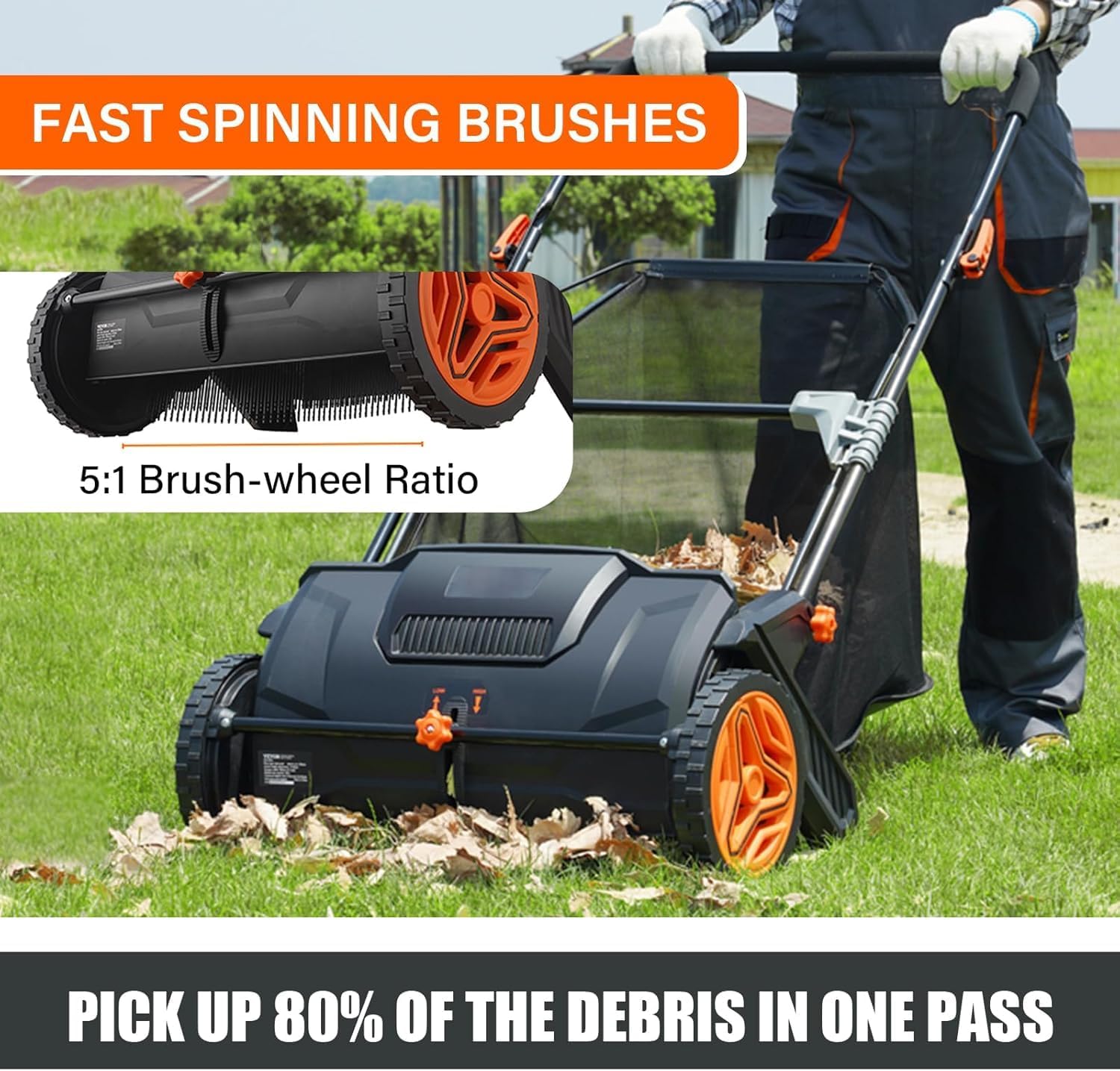 Push Lawn Sweeper, Leaf & Grass Collector with Strong Rubber Wheels & Heavy Duty Thickened Steel Durable to Use with 3.5 cu. ft. Large Mesh Collection Hopper Bag, 2 Spinning Brushes