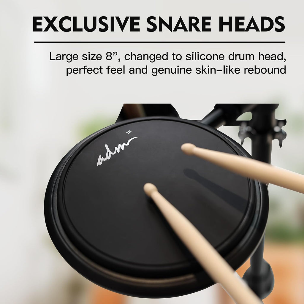 ADM Electronic Drum Set With 4 Quiet Electric Drum Silicone Pads, 180+ Sounds, Electric Drum Kit For Beginngers with 2 Switch Pedals, Throne, Headphones, DrumSticks, and Melodics Lessons
