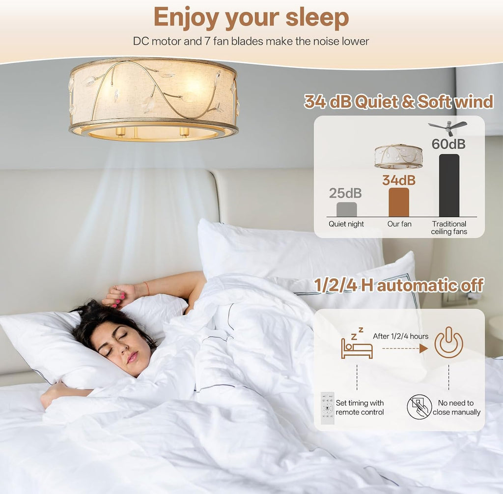 Caged Flush Mount Ceiling Fans with Lights, 20' Gold Boho Ceiling Fan, Low Profile Crystal Ceiling Fan with Light Remote Control, Small Mid Century Bladeless for Bedroom(6 E12 Bulb Include)