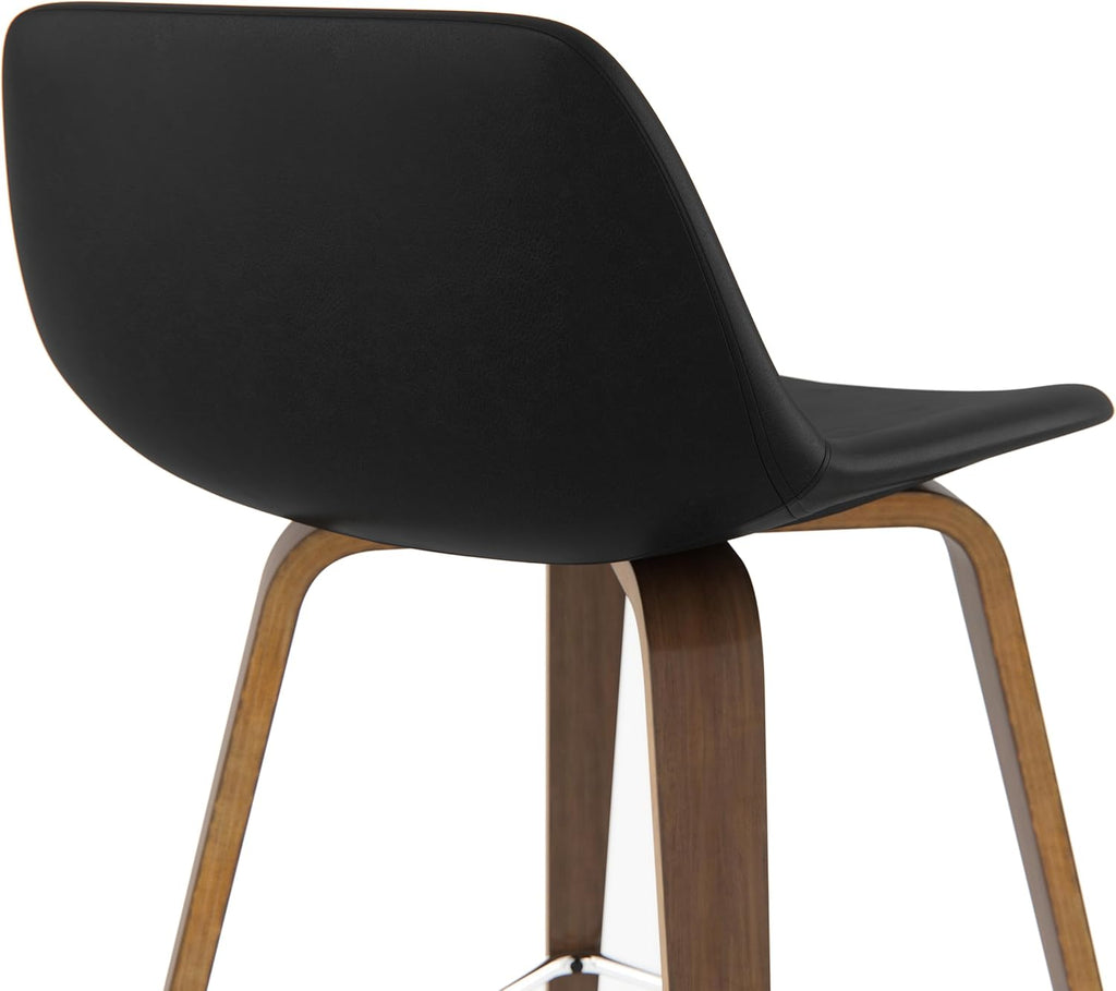 SIMPLIHOME Randolph Counter Stools (Set of 2) - 28 Inch Seat Height Upholstered Bentwood Bar Stools in Black Vegan Faux Leather, Mid Century Modern Seating with Curved Backrest and Chrome Footrest