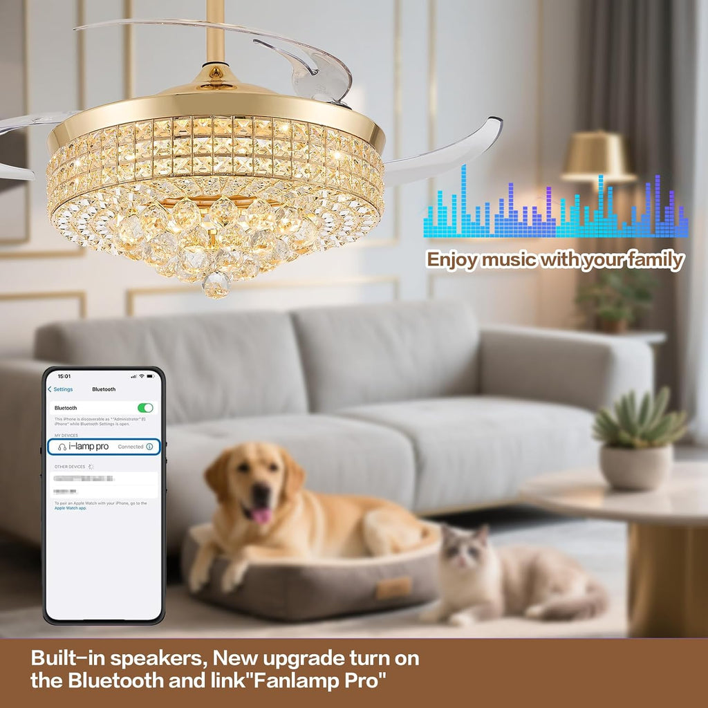RGB Bluetooth Ceiling Fan with Light & Speaker, Gold, 48in | Retractable Crystal Fandelier, Music Crystal Chandelier Fan, 6-Speed APP Remote Control, Timer