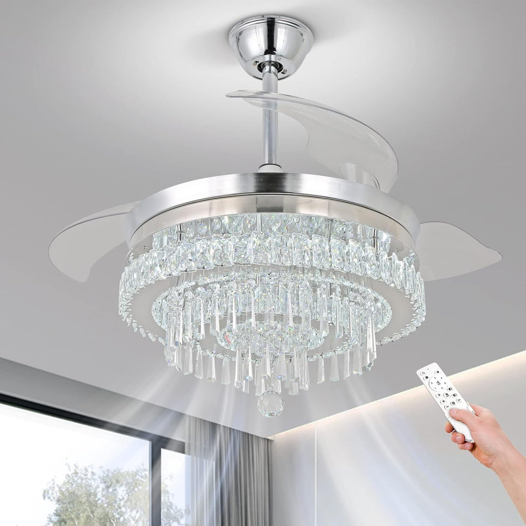 Finktonglan 42' Crystal Fandelier Ceiling Fan with Light, Retractable Blades, Dimmable 60W LED, Remote & App Control, Quiet Reversible Motor, 6 Speeds & Timer, Downrod Mount