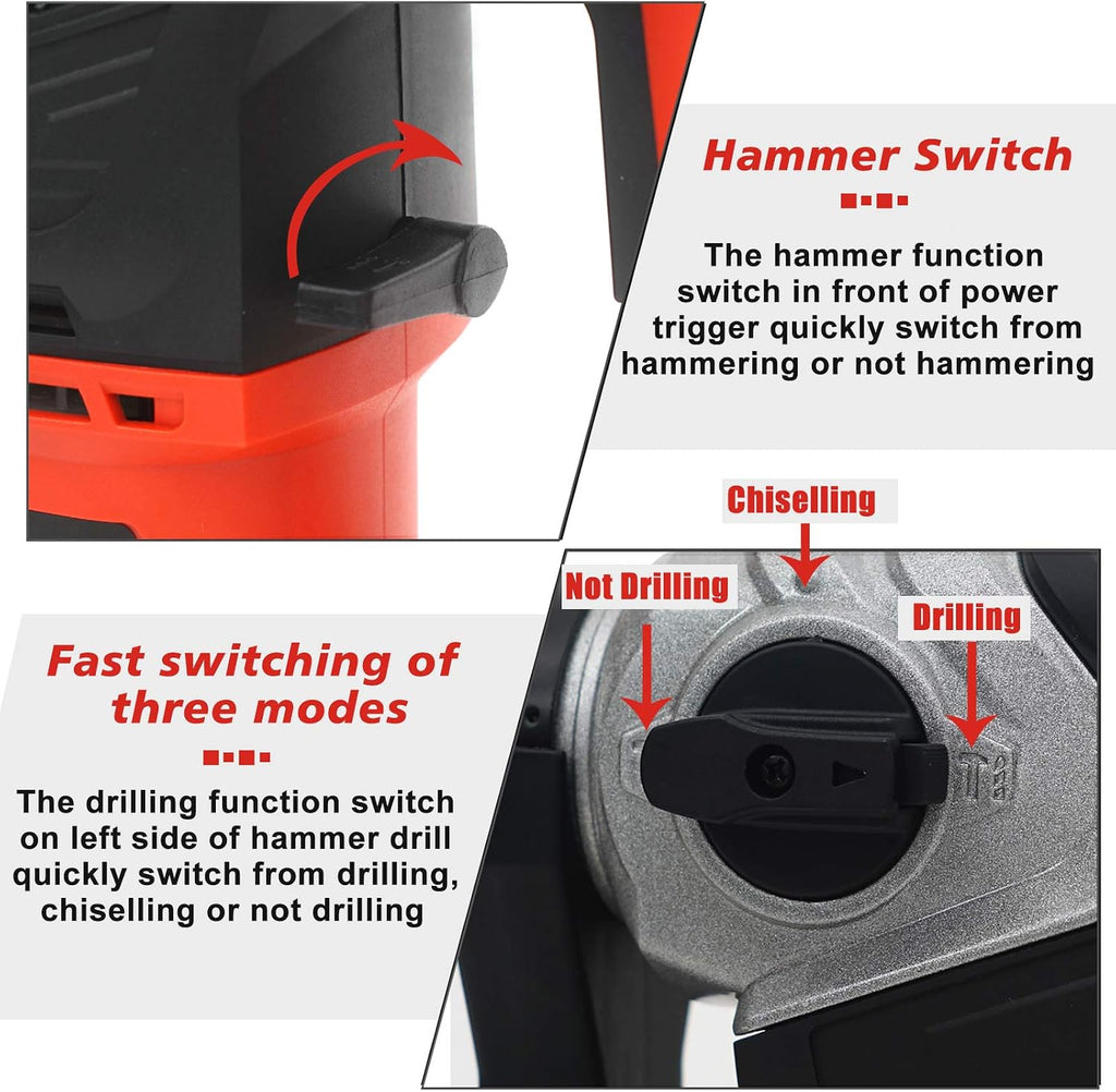 AOBEN Rotary Hammer Drill with Vibration Control and Safety Clutch,13 Amp Heavy Duty 1-1/4 Inch SDS-Plus Demolition Hammer for Concrete-Including 3 Drill Bits,Flat/Point Chisels.