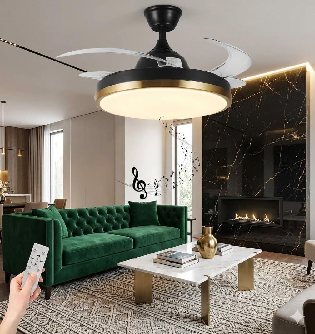 Retractable Ceiling Fan with Lights, 42' Fandelier, Black and Gold Bluetooth Ceiling Fan, Invisible Blades, Dimmable Chandelier Ceiling Fan with Remote Control