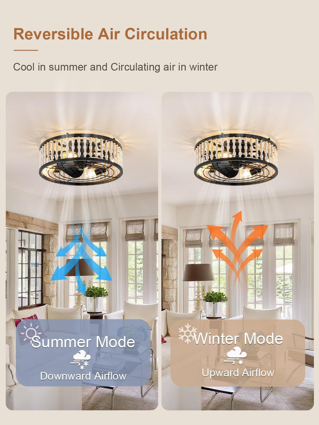 20' Boho Ceiling Fan with Light, Farmhouse Wood Beaded Low Profile Ceiling Fan with Remote, Flush Mount/6-Speed/Timer/Quiet DC Motor/Reversible