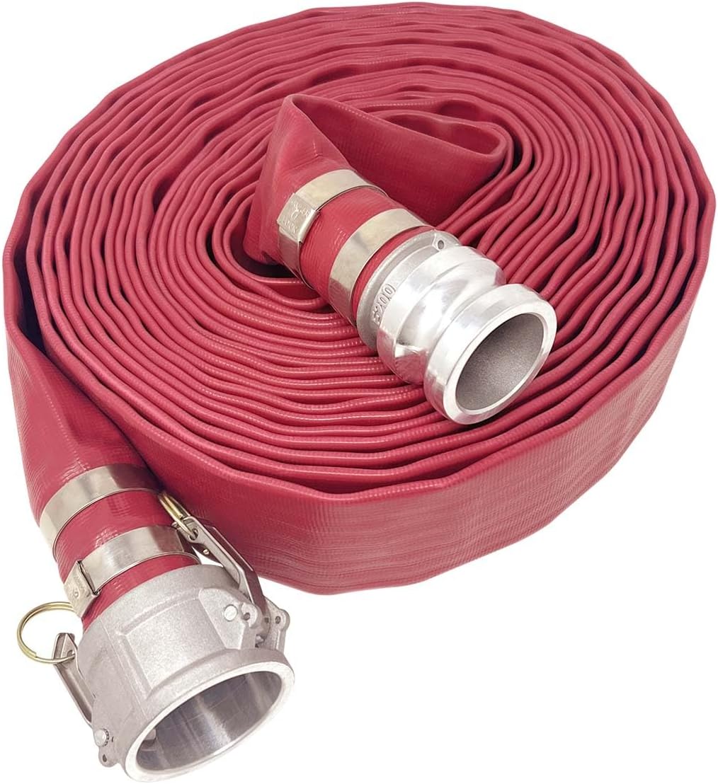 Gloxco 2-1/2' x 25′ Red Heavy Duty Lay Flat PVC Discharge Hose Assembly with Aluminum Cam and Groove C and E Fittings
