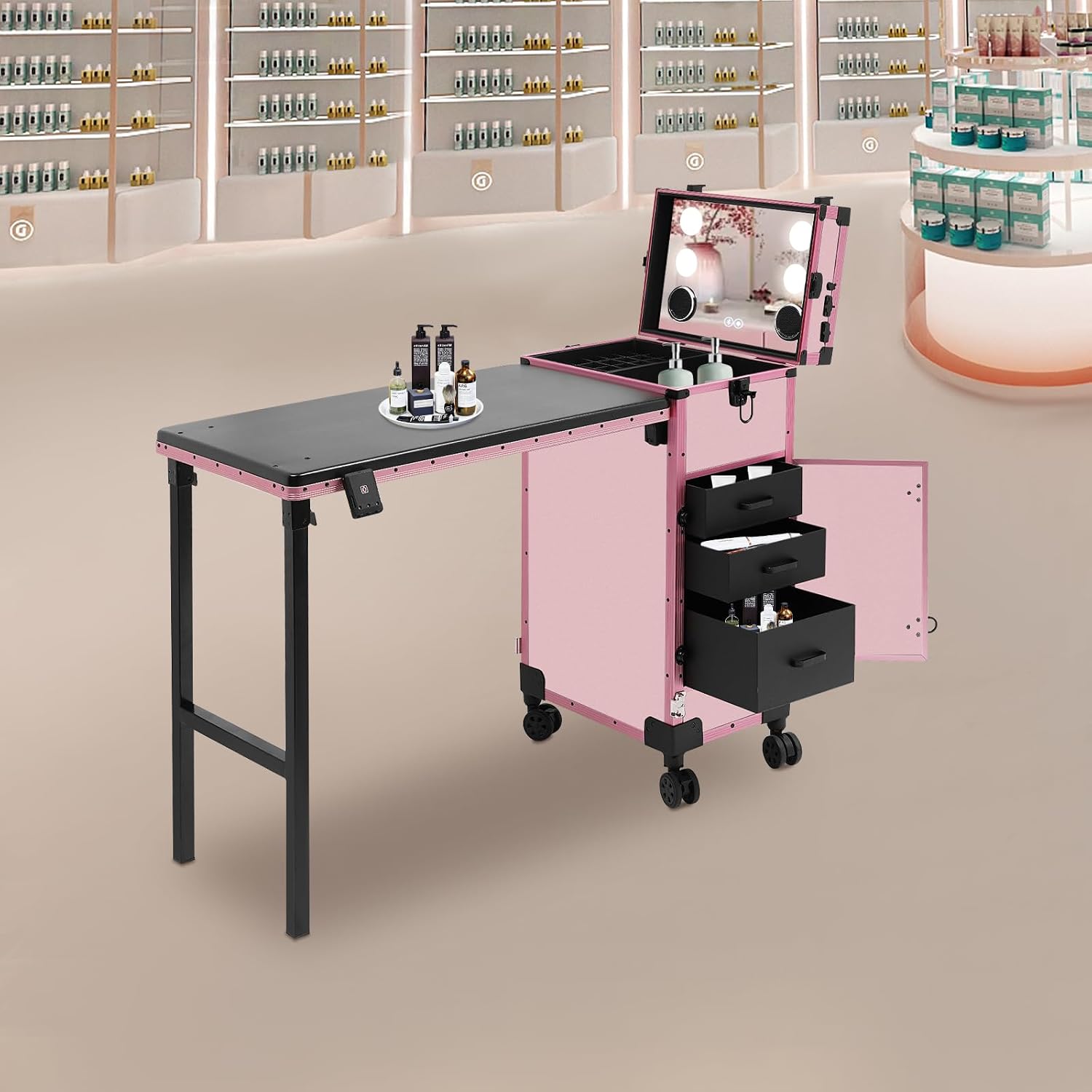 Professional Rolling Makeup Case, Foldable Nail Tables with Detachable Lighted Mirror, Travel Cosmetic Trolley Storage Organizer with Drawers & Bluetooth Speaker, Manicure for Artist (Black, Pink)