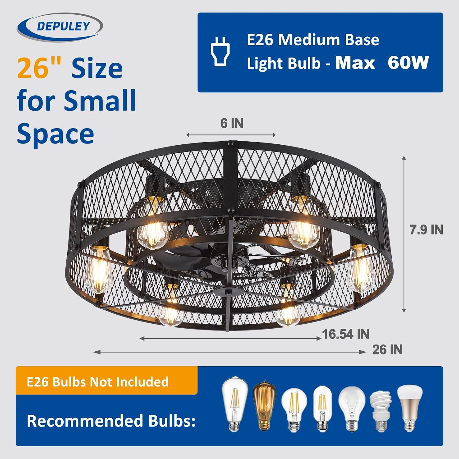 Depuley Low Profile Ceiling Fan: 26' Flush Mount Ceiling Fan Lights Reversible - Industrial Caged Ceiling Fans Light Fixture 6 Speeds for Bedroom Kitchen Black E26 Base Bulbs Not Included