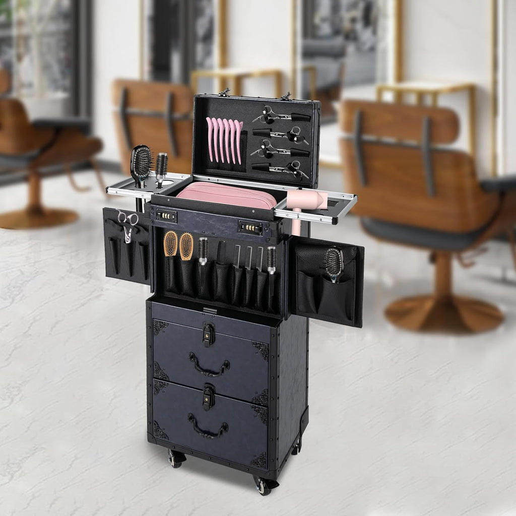 Rolling Lockable Makeup Train Case,Large Cosmetic Organizer Train Case Makeup Travel Case with 360° Swivel Wheels, Trolley Makeup Travel Organizer,Black