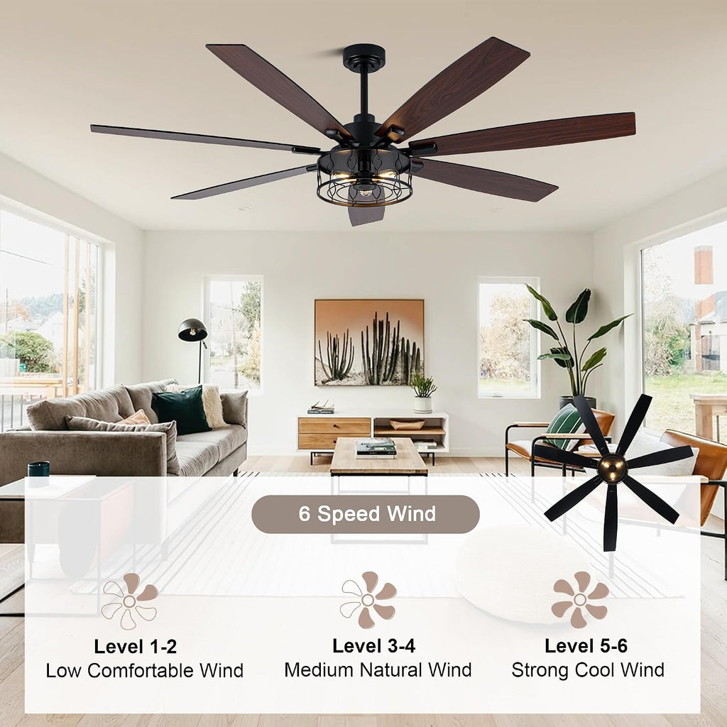 72 Inch Ceiling Fan with Lights Farmhouse Ceiling Fan with Lights Black Caged Fandelier Rustic Industrial Chandelier for Living Room Indoor Outdoor, Reversible DC Motor 6 Speeds
