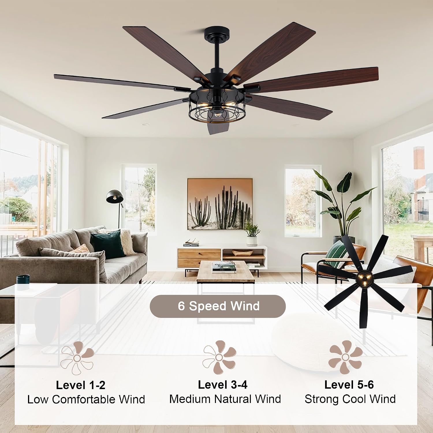 72 Inch Ceiling Fan with Lights Farmhouse Ceiling Fan with Lights Black Caged Fandelier Rustic Industrial Chandelier for Living Room Indoor Outdoor, Reversible DC Motor 6 Speeds