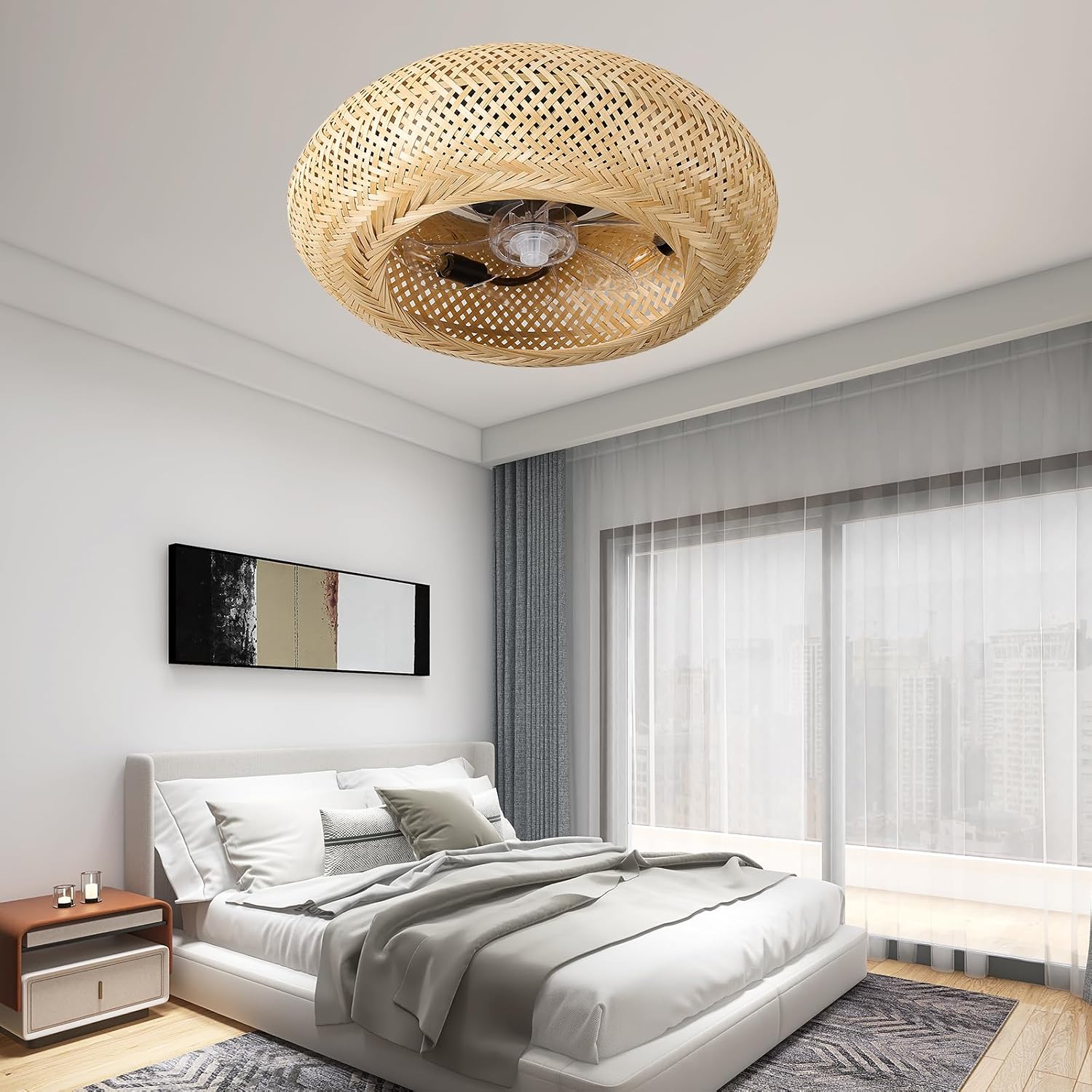 20' Boho Cage Ceiling Fan with Light and Remote Control, Low Profile Bamboo Ceiling Fan, Enclosed Timing 6 Speeds Reversible, for Bedrooms, Living Rooms, Kitchens, Farmhouses