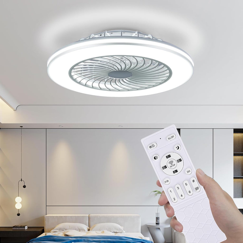 24' Bladeless Ceiling Fans with Lights and Remote, Low Profile Enclosed Ceiling Fan with 6 Wind Speed, 3 CCT(3000K-6000K) Dimmable LED Flush Mount Fandelier for Bedroom Kitchen Living Room