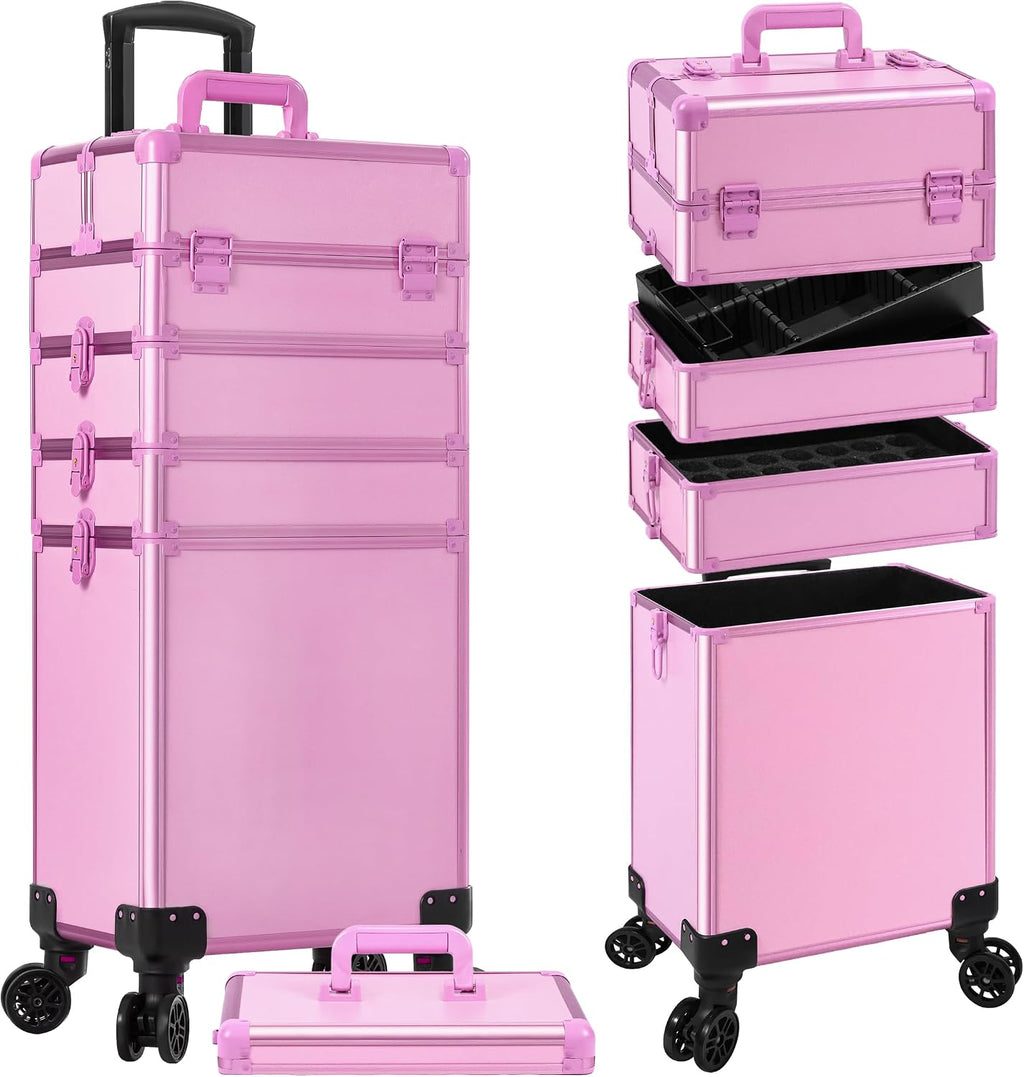 Professional Rolling Makeup Train Case with Lid, 5 in 1 Cosmetology Case on Wheels, Large Cosmetic Trolley Organizer Travel for Hairstylist Artist Nail Beauty Salon Barber, Pink