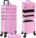 Professional Rolling Makeup Train Case with Lid, 5 in 1 Cosmetology Case on Wheels, Large Cosmetic Trolley Organizer Travel for Hairstylist Artist Nail Beauty Salon Barber, Pink