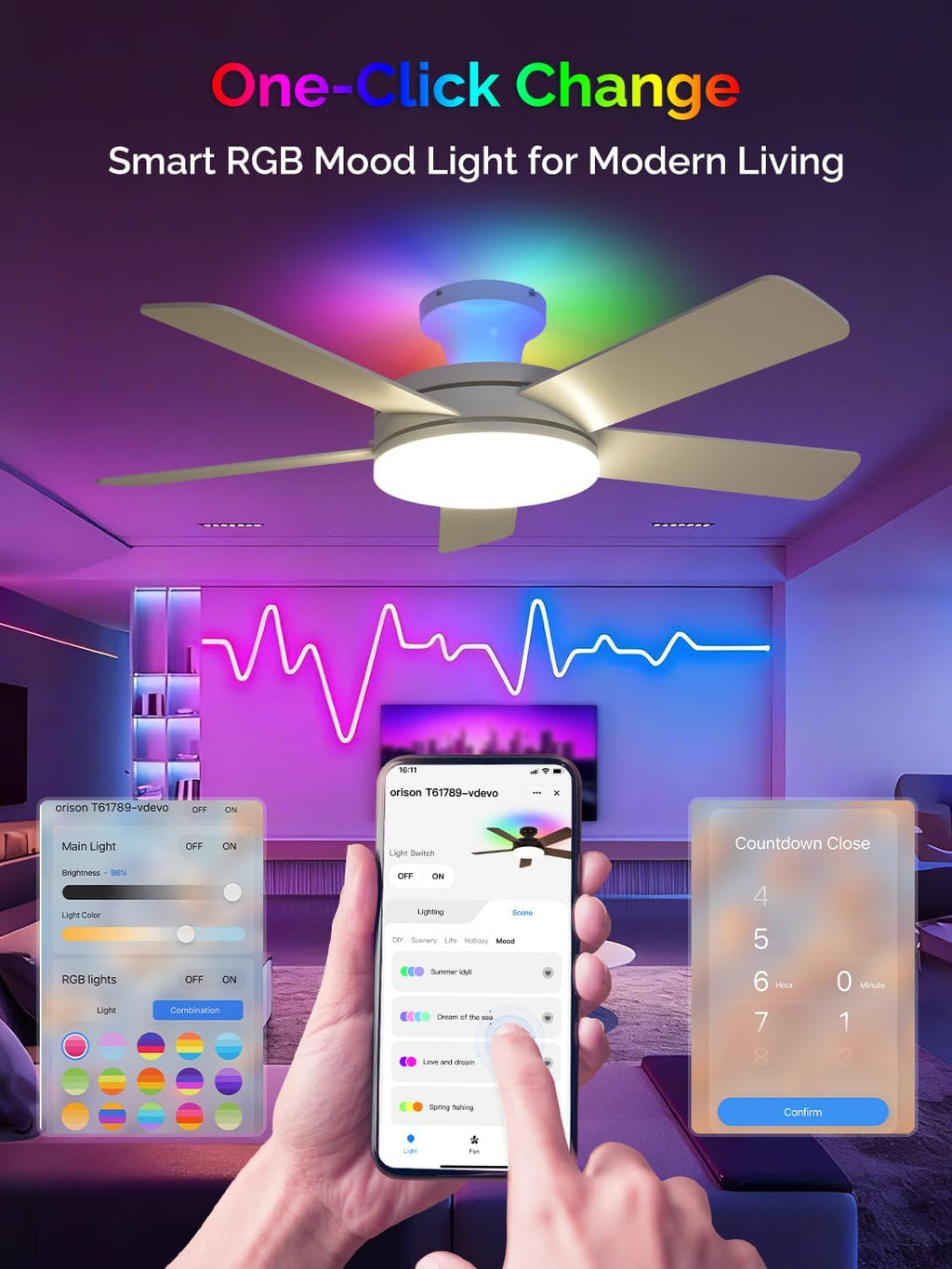 Orison Ceiling Fans with Lights, 45 Inch Low Profile Ceiling Fan with Light and Remote/APP Control, RGB Backlight & LED 3CCT Dimmable, DC Reversible Motor, 6 Speeds, 5 Reversible Blades White