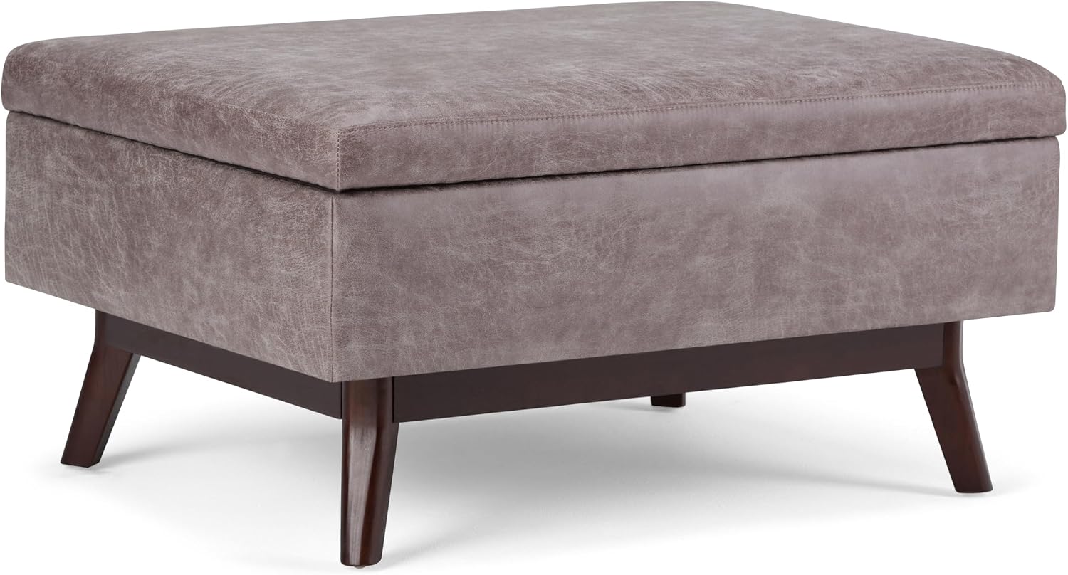 SIMPLIHOME Owen Coffee Table Storage Ottoman - 34' Wide x 19' High Upholstered Vegan Leather Rectangular Lift-Top Ottoman in Distressed Grey Taupe, Mid-Century Modern Bench with Tapered Legs