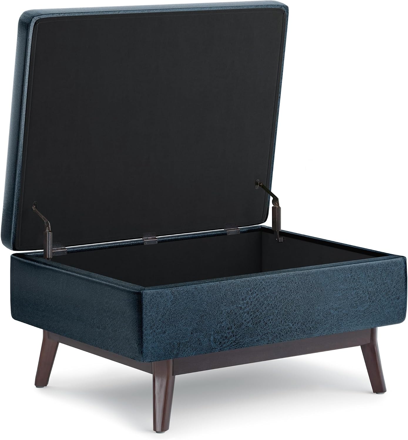 SIMPLIHOME Owen Coffee Table Storage Ottoman - 34' Wide x 19' High Upholstered Vegan Leather Rectangular Lift-Top Ottoman in Distressed Dark Blue, Mid-Century Modern Bench with Tapered Legs