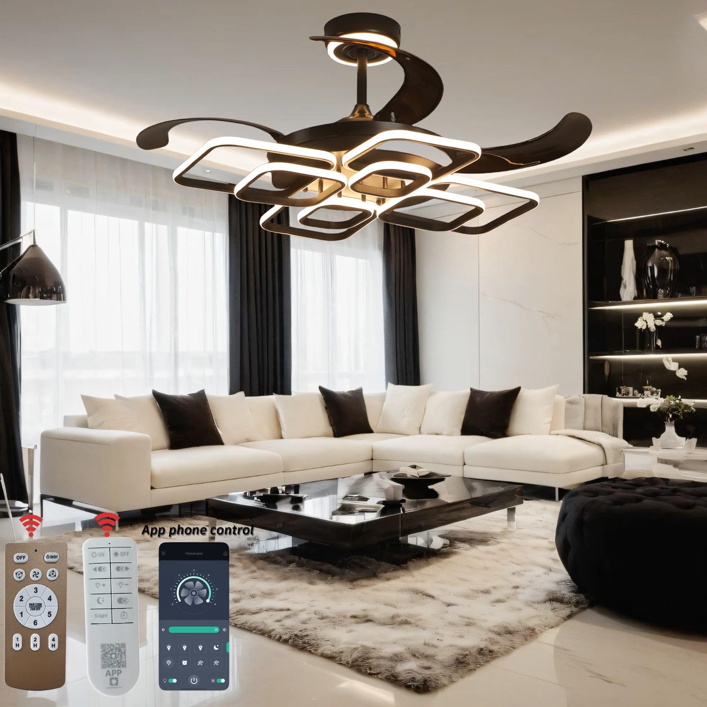 48' Ceiling Fans with Lights and Remote Control 3000-6000K Dimmable Morden LED Fans Light, 6 Wind Speeds, Black Chandelier Ceiling Fans for Bedroom Living Room