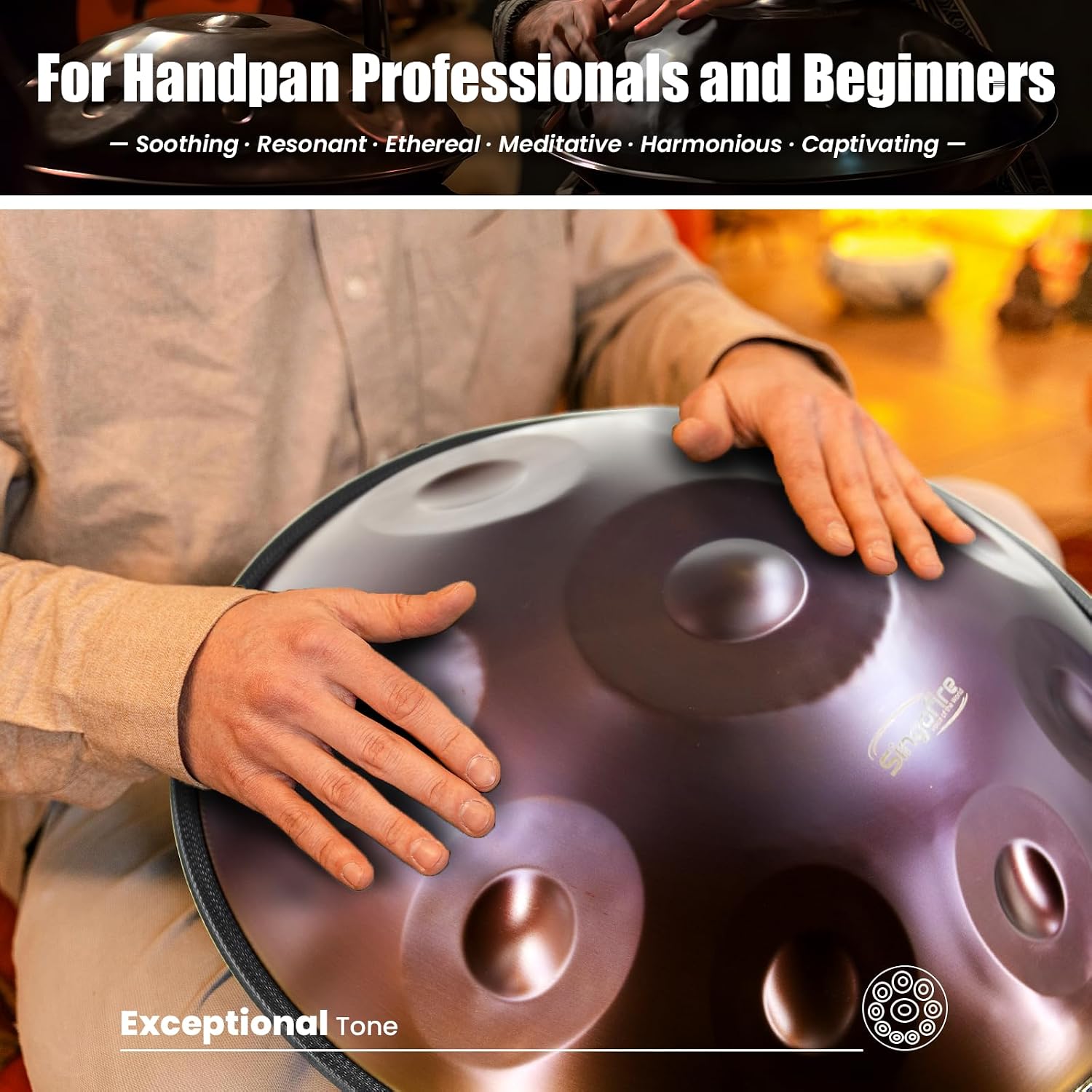 'SINGOFIRE' 12-Notes Handpan Drum, Handpan Drums for Adults, 22-Inch 440Hz D Minor Kurd, HandPan Instrument with Soft Handpan Bag, 2 Mallets, Handpan Stand and Dust-Free Cloth(Purple)