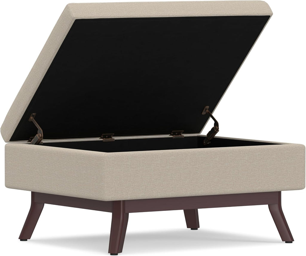 SIMPLIHOME Owen Coffee Table Storage Ottoman - 34' Wide x 19' High Upholstered Linen Look Fabric Rectangular Lift-Top Ottoman in Natural, Mid-Century Modern Bench for Living Room with Tapered Legs