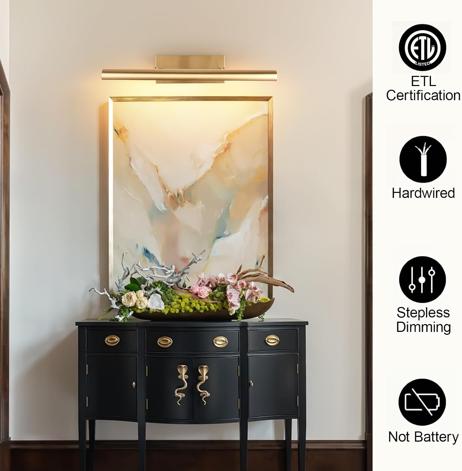 ADISUN Picture Lights for Wall Hardwired, 24 Inch Gold Wall Lights for Pictures,3-Light 2700k,Non-Dimmable, 270° Adjustable Swing Arm, Hardwired Wall Light for Artwork Poster Portrait Library Display